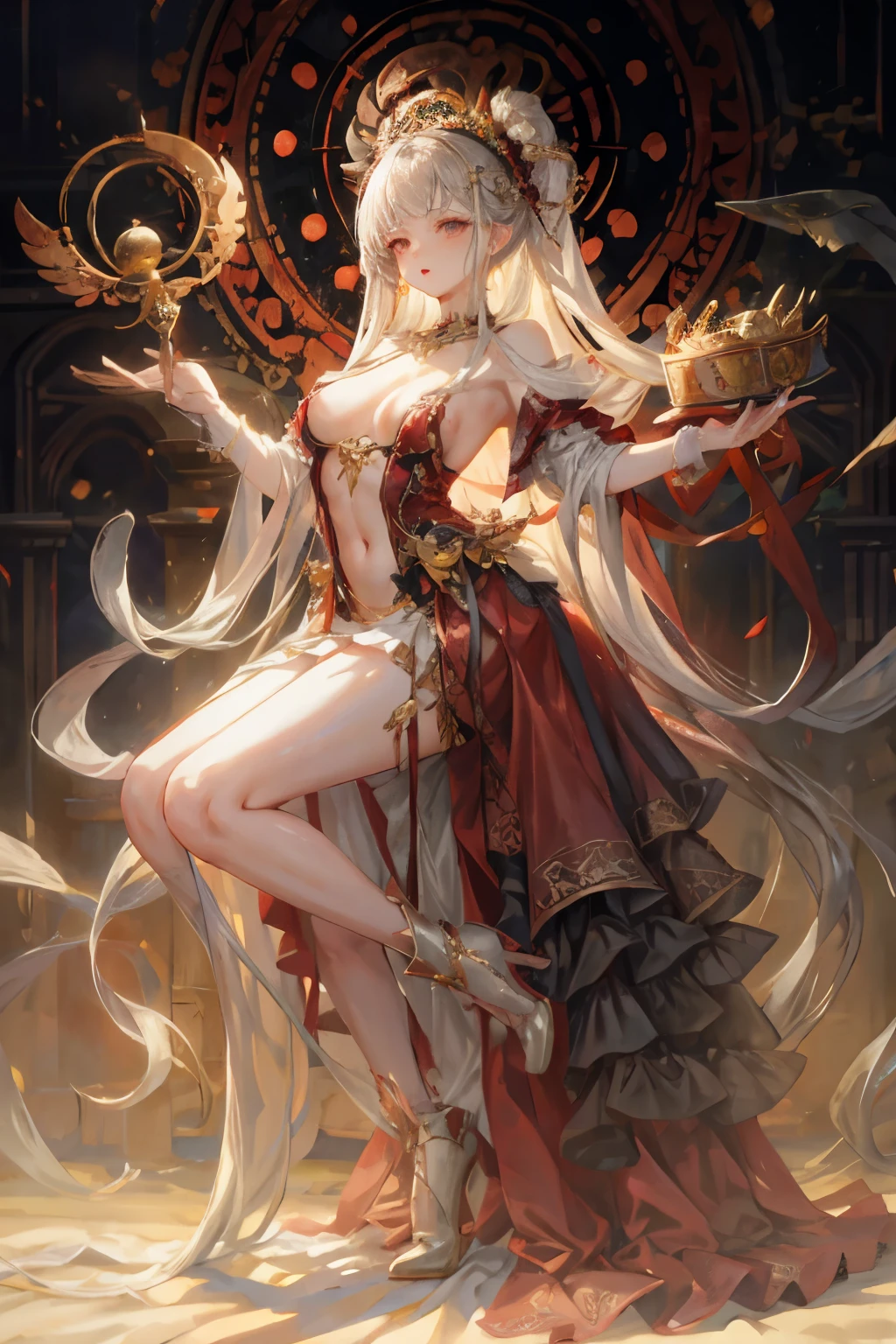  ((best quality)), ((masterpiece)), (detailed), 1girl, Character design, NSFW, scholarly  female, scholar, female scholar, educator, teacher, fortune teller, holding a large bell, carrying a large bell, ringing a large bell, bell,astrology, astrological symbolism, star reading, celestrial theme, heavens, heavens above, constellations, imposing, terrifying, biblical, blood magic, blood mage, dynamic poses, long white grey hair, grey white eyes, very skinny, detailed, best quality, prominent collarbones, skinny arms, flat stomach, visible hip bones, small breasts, full body, blank white background, plain background, white background, red and white clothing, Bloodborne inspired, occult aesthetic, occult, detailed and intricate steampunk and detailed gothic, NSFW, Fluttering lace flared long knee length dress with frilly petticoats, knee length dress, pleated petticoats, petticoats gothic, complex lace boots, gothic aesthetic, wielding a mighty sword with mechanical components, mandalas, small breasts, a fairy, various different types of insect wings, bug wings, beetle wings, NSFW, full body, whole body, body, chains, 