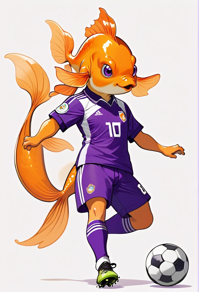 a goldfish animal soccer player, draw illustration, purple football uniform, full body, white background