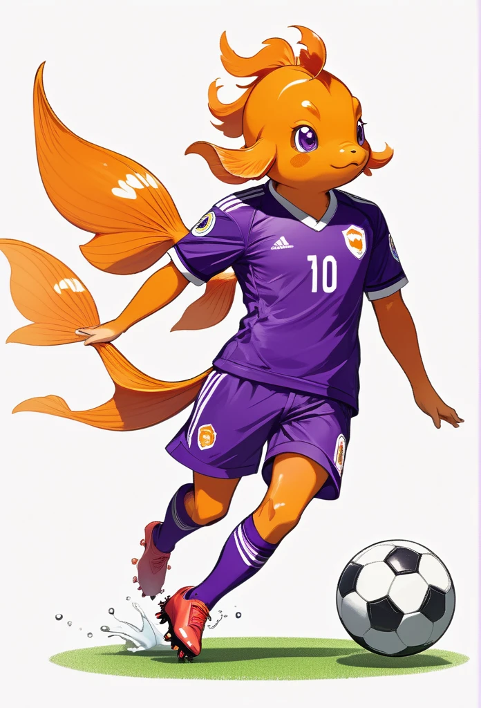 a goldfish animal soccer player, draw illustration, purple football uniform, full body, white background