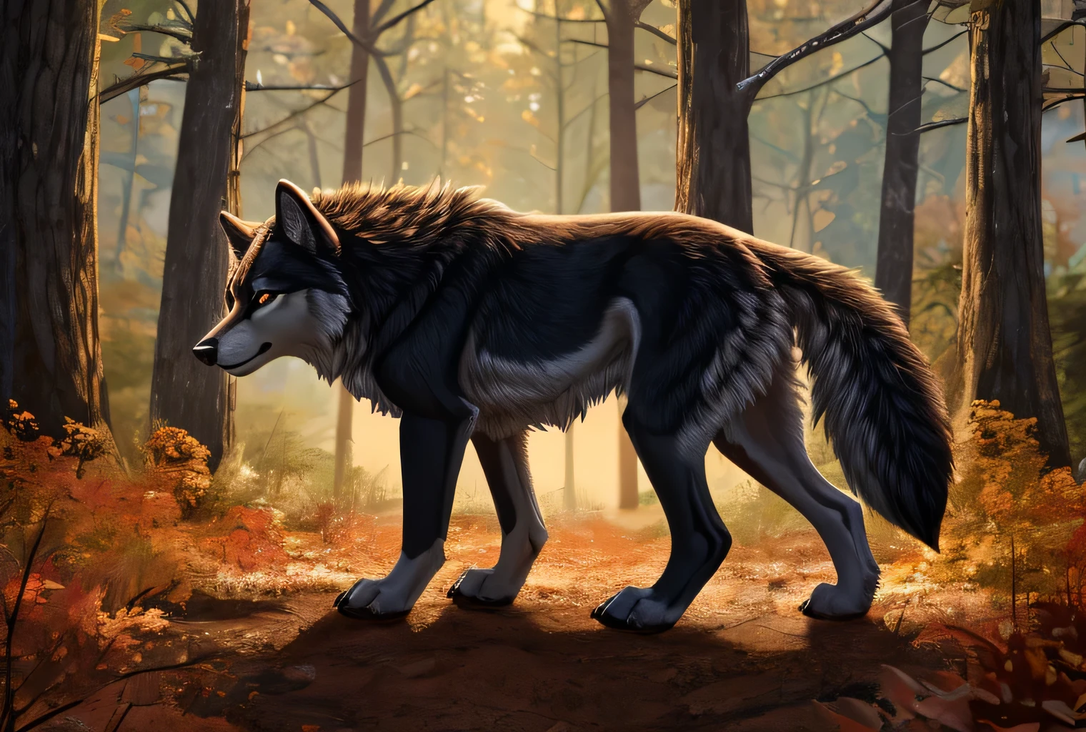 (feral),solo,male,wolf,hi res,fur,quadruped,looking at viewer,claws,side view,standing,anatomically correct,forest,outside,sheath,(fully sheathed),(barely visible sheath),full body