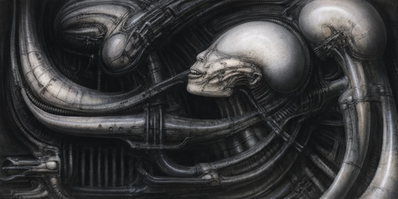 Create biomechanical tableau with some of the artistic techniques and compositional features used in /"Necronom IV/” by h r (Hans Rudie) giger:
 The image depicts a complex, sprawling city made of dark ivory, metal and wires. The city is densely packed with loops and twists, resembling a massive, intricate machine.
The painting is composed around a central focus of bone-like celestial formations and tectonic weathering structures with a phallic spine. This central form is the most detailed and brightly lit part of the painting, and it draws the viewer's eye in.The central focus is emphasized by the use of light and shadow. The light source is coming from the top left of the painting, and it casts a bright spotlight on the scene.
Biomorphic forms: The biomechanical forms in the painting are inspired by biological organisms, but they are also machine-like. These forms create a sense of unease and discomfort, as they blur the line between the natural and the artificial
. The image is highly detailed and intricate, uses, with transparent organs and bones exposed). The piece has a thick mechano-organic texture and is covered in fine details. The image has a swirling, organic quality to it. The artistic manner would be unmistakably Gigeresque. A dark and unsettling beauty would permeate the piece, blurring the lines between fascination and repulsion , forever haunted by the grotesque allure. Giger's signature artistic manner would be evident in every stroke. The airbrush would be wielded with masterful precision to create a hyperrealistic yet nightmarish aesthetic.,hrgiger,H.G. Giger Style, Biomechanics,HRGigerArhP style