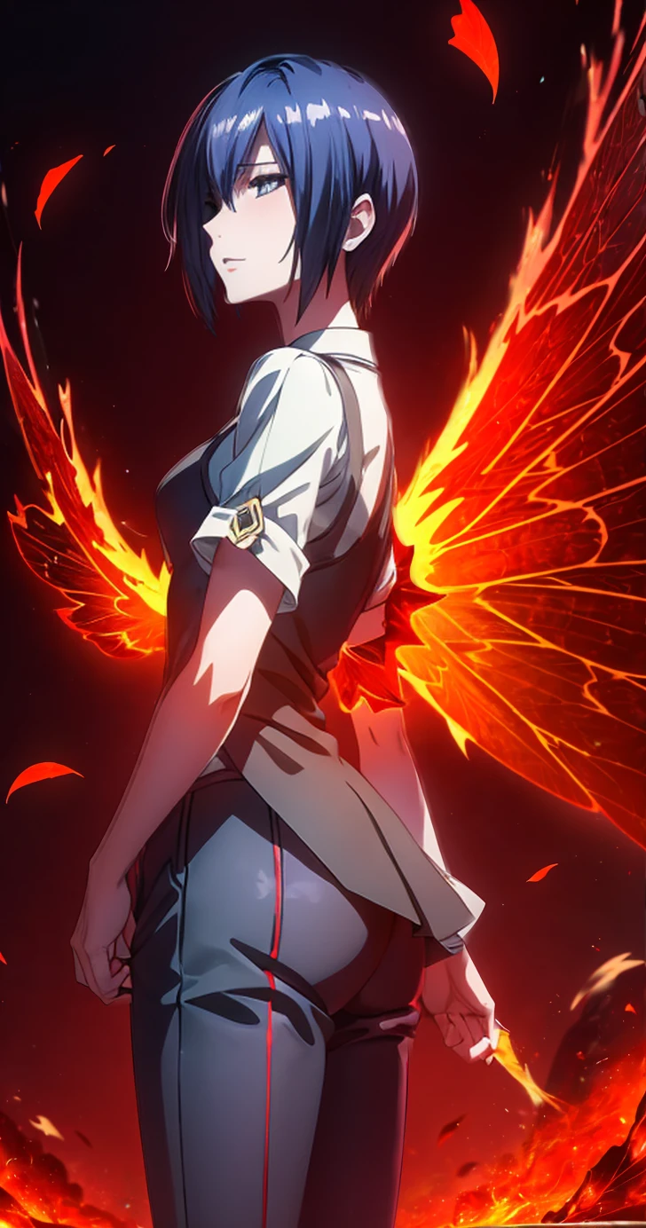 The image depicts a young woman with a dark and intense appearance.. Her short blue hair is messy, partially covering her pale face. Its visible eye glows an intense red, giving him a threatening expression. Dressed in a white shirt and a well-fitting black vest, the young woman has a formal look, however, its look is broken by the presence of flaming and disintegrated wings that emanate a vibrant red light from its back.. Bright red butterflies flutter around you, adding a mystical and supernatural touch to the scene. The background is dark and hazy, reinforcing the atmosphere of mystery and power.