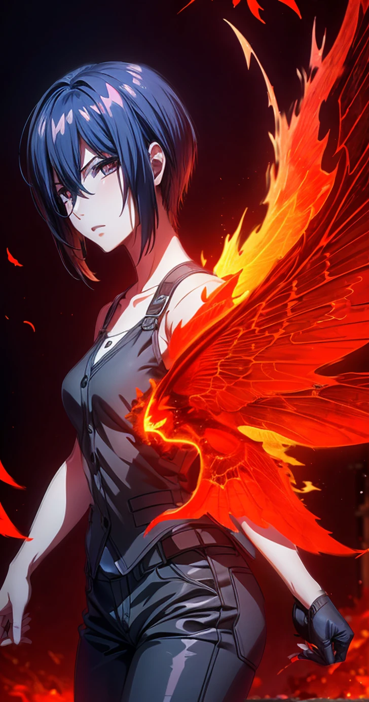 The image depicts a young woman with a dark and intense appearance.. Her short blue hair is messy, partially covering her pale face. Its visible eye glows an intense red, giving him a threatening expression. Dressed in a white shirt and a well-fitting black vest, the young woman has a formal look, however, its look is broken by the presence of flaming and disintegrated wings that emanate a vibrant red light from its back.. Bright red butterflies flutter around you, adding a mystical and supernatural touch to the scene. The background is dark and hazy, reinforcing the atmosphere of mystery and power.