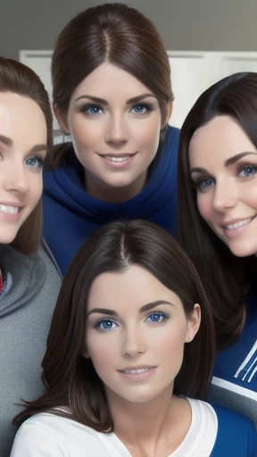 group of handsome irish woman gathered together, in sweatshirts focusing on their faces.