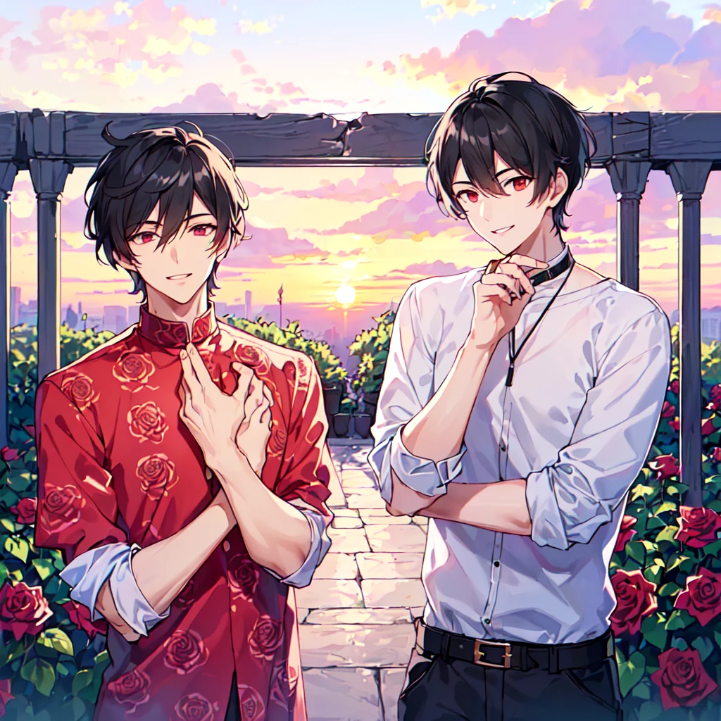 masterpiece,best quality,high quality,(2male austere handsome solo adult age30 two people:1.5), red eyes, cool with suspended eyes, V-shaped eyebrows, body strong and fearless 8.5 head tall, height 185 cm, (well-groomed black short hair to neck: 1.4), (bangs split into 7 thirds:1.4), slender nose, expression lines, throat, (trousers in rose print summer fashion:1.3), (hand on face), (standing), (stylish pose), (smiling:1.3), (rose garden:1.3), (sunset:1.3) , (upper body:1.3)