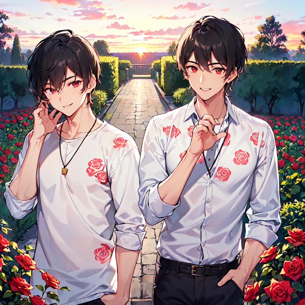 masterpiece,best quality,high quality,(2male austere handsome solo adult age30 two people:1.5), red eyes, cool with suspended eyes, V-shaped eyebrows, body strong and fearless 8.5 head tall, height 185 cm, (well-groomed black short hair to neck: 1.4), (bangs split into 7 thirds:1.4), slender nose, expression lines, throat, (trousers in rose print summer fashion:1.3), (hand on face), (standing), (stylish pose), (smiling:1.3), (rose garden:1.3), (sunset:1.3) , (upper body:1.3)