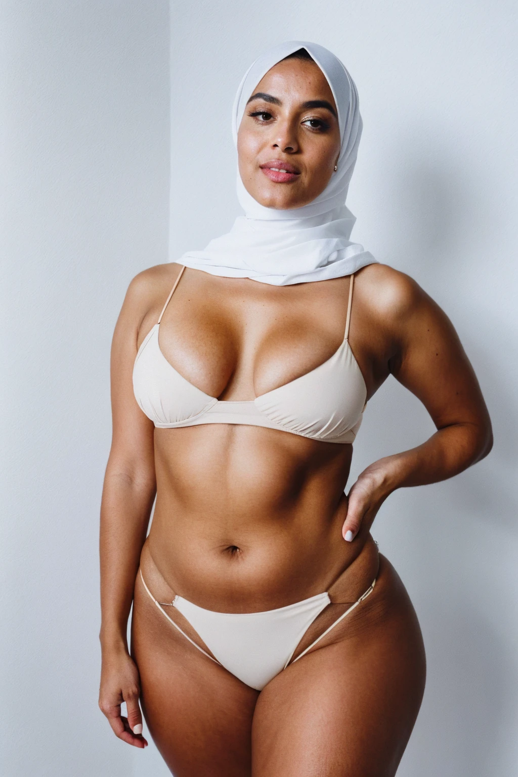 RAW photo,candid photograph, full body,photo of a beautiful,influencer,30yo Moroccan woman,black hijab, detailed skin, naked, looking at viewer, thick body structure,white background,no background, candid pose,blue light, film grain, kodak color, instagram LUT