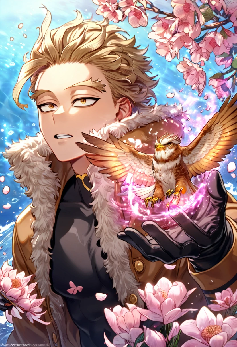absurdres, highres, ultra detailed, HDR, master piece, best quality, extremely detailed face, delicated features, Hawks, ash blond hair, swept messily, slicked back, expressive brown eyes, Boku No Hero Academia, solo, sexy man, handsome, brown jacket with fur, black tight shirt, black gloves, water, blossoms, pink flowers, pink butterflies, fantasy, magic, radiant