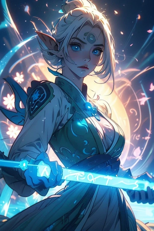 (((Wood elves floating above the forest, Tearing flowers in the forest ))) green hair, body, Radial glow, white fern flowers, Optical, Panoramic lighting, atmospheric perspective, dawn, Smoothing: 5D, Light painting, Color, beautiful countenance, clear facial features, symmetrical transparent wings, impressive detail.  ((torso)), best quality, Artwork, a Japanese woman with ((White hair with luminescence)), ((detailed pearl blue eye)), highly detailed goddess soul, character focus, Alone, (Swirl Style Magical), Alone, front view, front view, looking at viewer, detailed face, ((Luminescent Lighting Magic Circle Theme)), perched on a ledge, tight neon body, light stripes, dark abyssal wanderer abstract, (( Simple Luminescence Neon Dress), inscribed with mystical runes, dystopian outdoor background,
