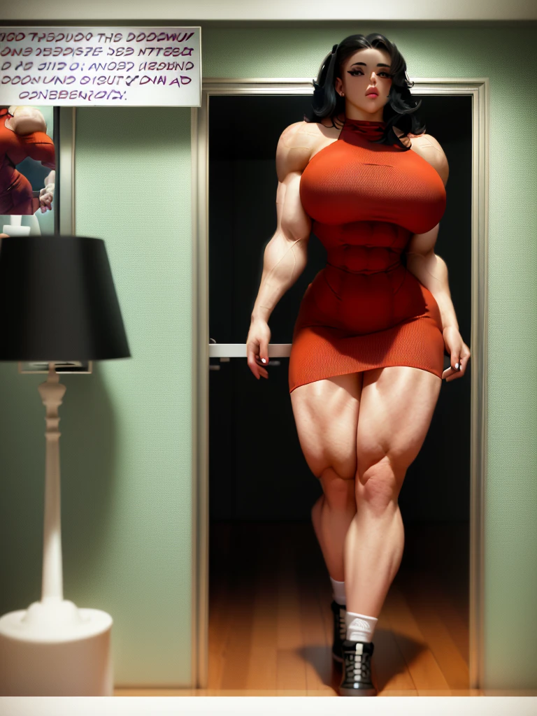 Cartoon of a woman in a short dress standing in a room, giantess art, muscular girl, giantess, muscular ultraviolent woman, succubus in tight short dress, strong and imposing, muscular and scary, exaggeratedly large physique, huge legs towering over you, feminine and muscular, imposing and dominating, incredibly strong and tall, woman strong, extremamente musculoso