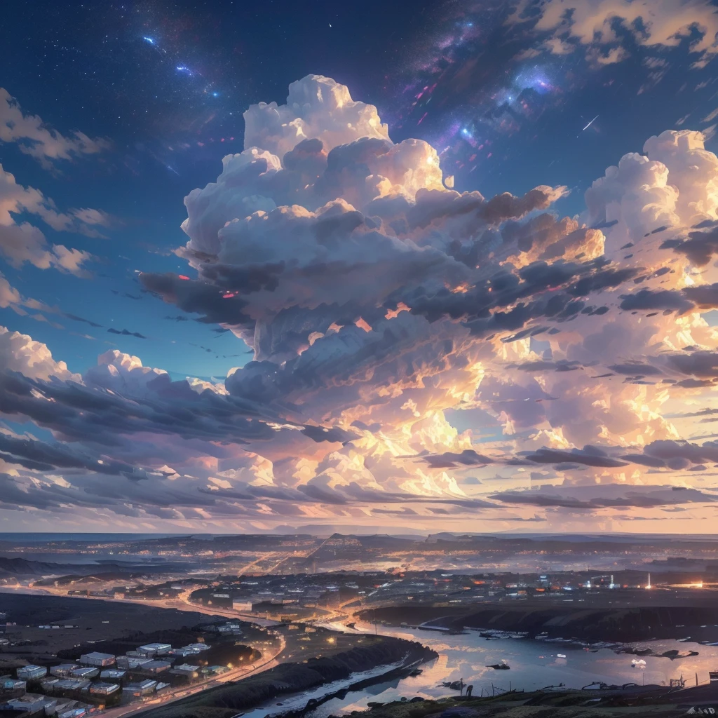 A catastrophic scene of a coastal city, with a stunning night sky full of falling meteors, (best quality,4k,8k,highres,masterpiece:1.2),ultra-detailed,(realistic,photorealistic,photo-realistic:1.37),detailed cityscape with visible coastline, disaster, catastrophe, apocalyptic, night landscape, clear night sky
