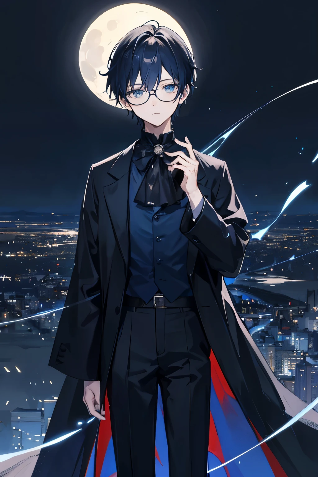 1 boy, positioned to the side, adorned in a long-sleeved shirt of dark blue and black hues. A hand casually holding a pair of glasses is visible, adding an intellectual edge to the image. Beneath the glowing moonlight, he stands, centralized, amidst a serene, night-lit landscape.
The background is breathtaking, filled with radial lines that evoke a sense of depth and mystery. The colors of the scene blend harmoniously, creating a striking contrast between the boy's attire and the surrounds. The high-quality details and masterpiece quality ensure a captivating visual experience.
