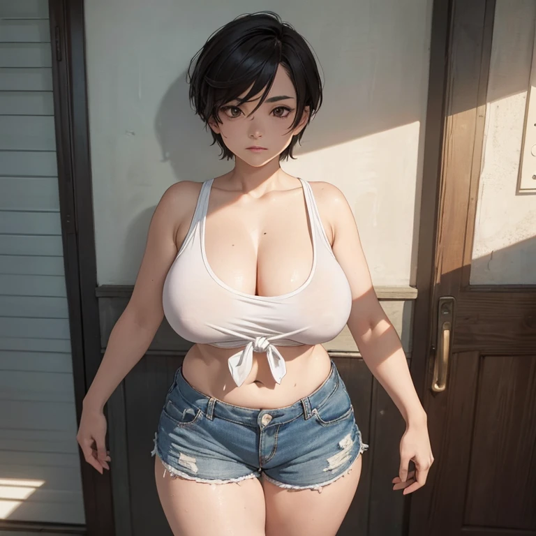 ​masterpiece, top-quality, hight resolution, Hi-Res, ultra-detailliert, Full limbs, tomboy, androgynous, short hair, complete fingers, (plump figured, toned figure), tank top, ((oversized jersey shorts)), standing outside, subject in direct sunlight, covered in sweat, (her shirt is tied below the breast), (((head to toe in frame))), (cameltoe 1.9)