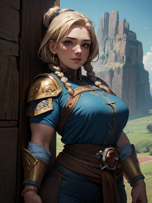 (masterpiece, highly detailed, artstation, absurdres, fantasy), solo, (big head), happy facial expression, (woman dwarf, very short body, short legs, broad shoulders, broad waist, fat:1.3), blonde hair in long thick braids, golden tattoos on her face, bangles, light armor, blue shirt, brown pants, in the hills, clear skies, sharp focus, cinematic composition, 