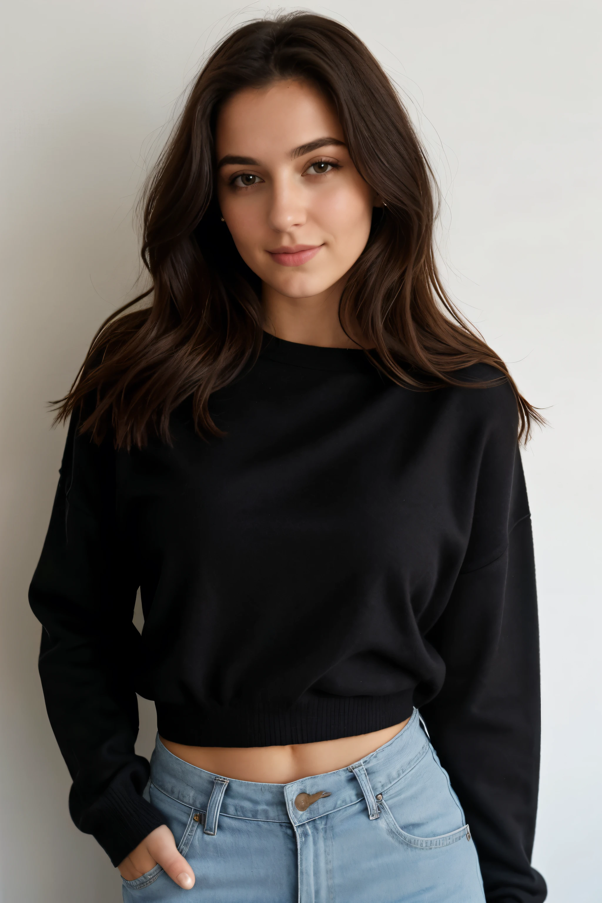 Photo Instagram, femme française de 21 ans, cheveux courts, Cheveux noirs, portrait en gros plan, pull-over, clivage, pâle, ombres dures, sourir