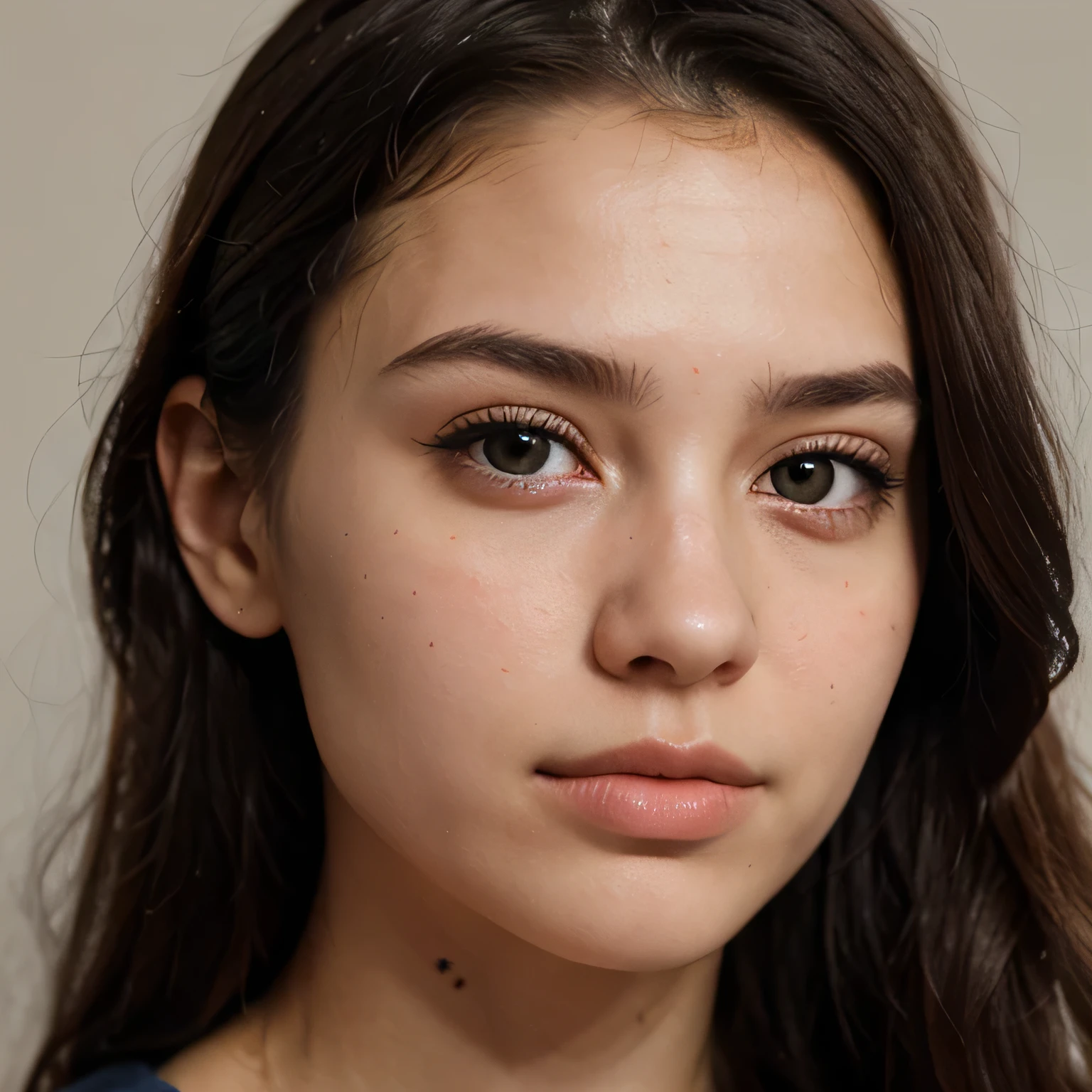 Realistic straight passport size, closeup face studio portrait of a 20 year old woman with western V shaped face with white skin tone, and black hair and eyes. With natural skin texture.