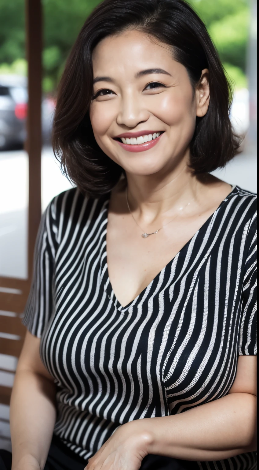 最high quality, In 8K, Masseter region, real, Sharp focus, high quality, High resolution, Detailed face, Fine grain, Thick lips, Background Blur, alone, Full body photography, Middle-aged women, , 65 years old, , Wavy Hair, Cleavage, Wearing a plain short-sleeved knit, Sitting on a park bench, Wrinkles around the eyes, Smiling with teeth showing