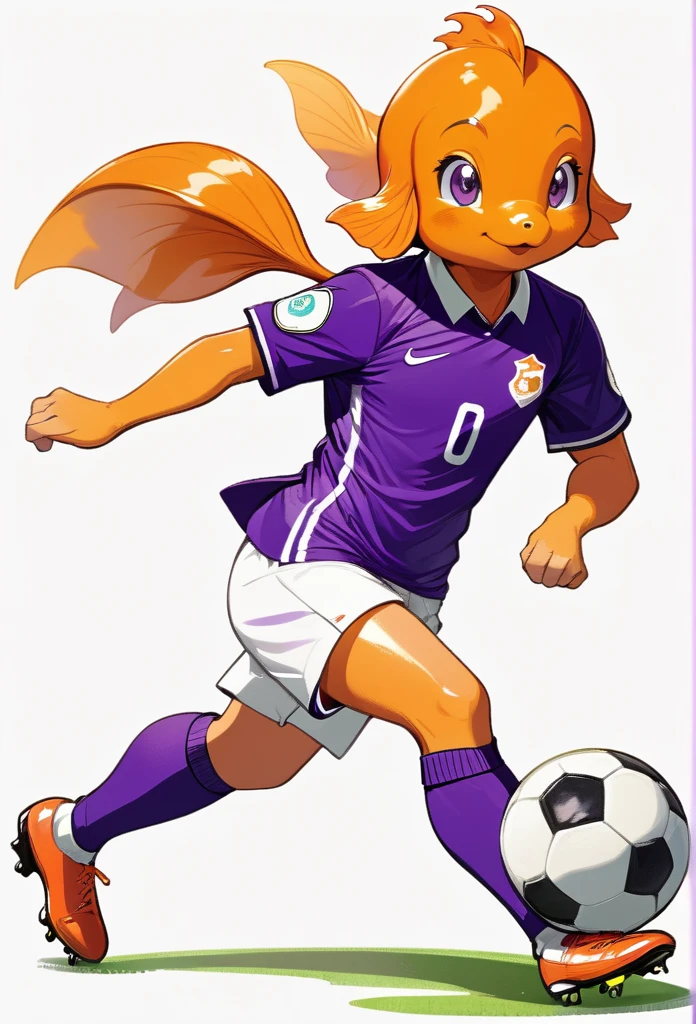 a cut goldfish animal soccer player, happy, draw illustration, purple football uniform, full body, white background