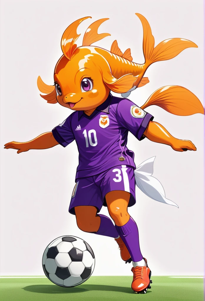 a cut goldfish animal soccer player, happy, draw illustration, purple football uniform, full body, white background