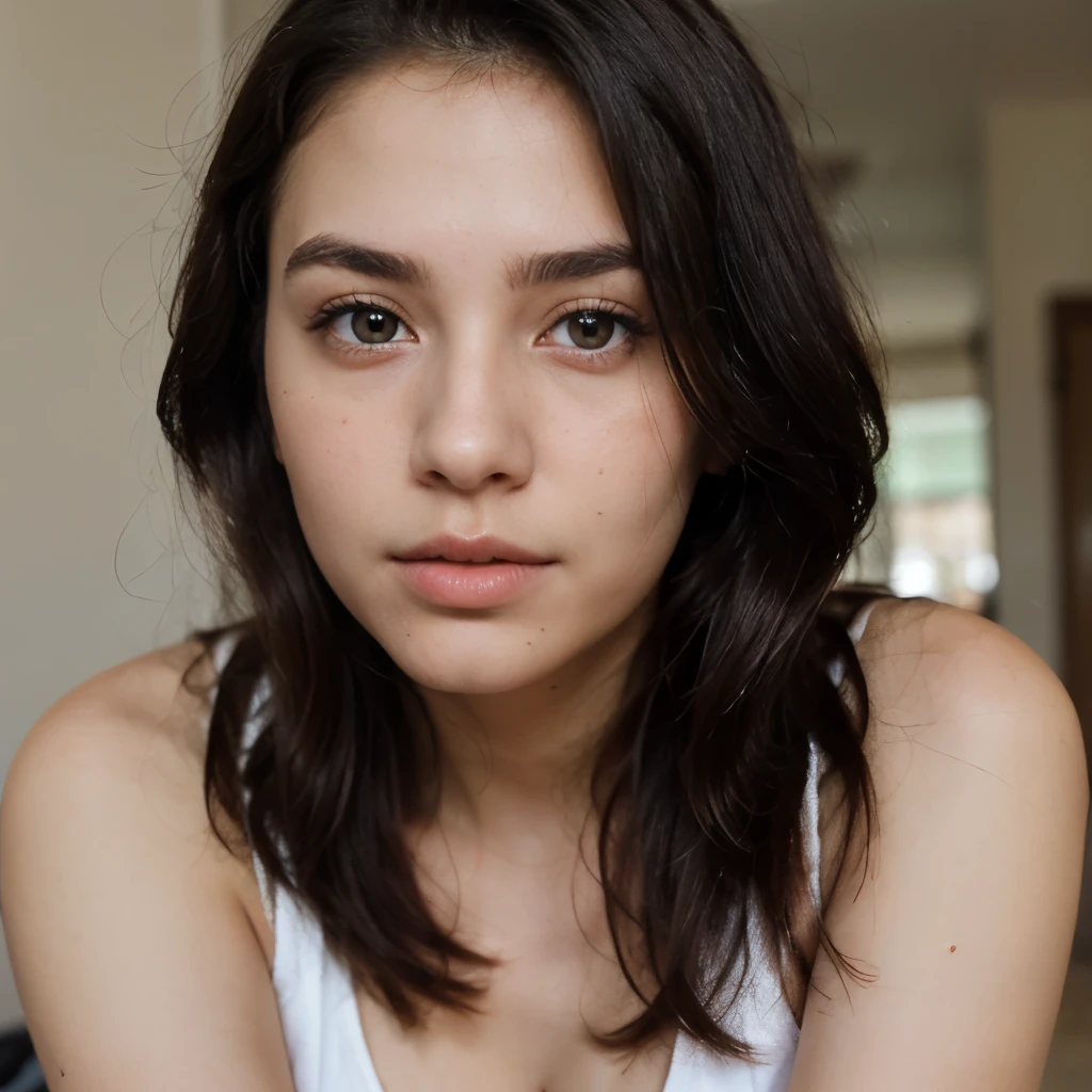 Realistic straight passport size, closeup face studio portrait of a 20 year old woman with western V shaped face with white skin tone, and black hair and eyes. With natural skin texture.