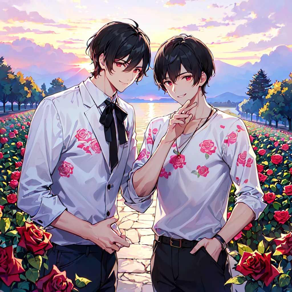 masterpiece,best quality,high quality,(2male austere handsome solo adult age30 two people:1.5), red eyes, cool with suspended eyes, V-shaped eyebrows, body strong and fearless 8.5 head tall, height 185 cm, (well-groomed black short hair to neck: 1.4), (bangs split into 7 thirds:1.4), slender nose, expression lines, throat, (trousers in rose print summer fashion:1.3), (hand on face), (standing), (stylish pose), (smiling:1.3), (rose garden:1.3), (sunset:1.3) , (upper body:1.3)