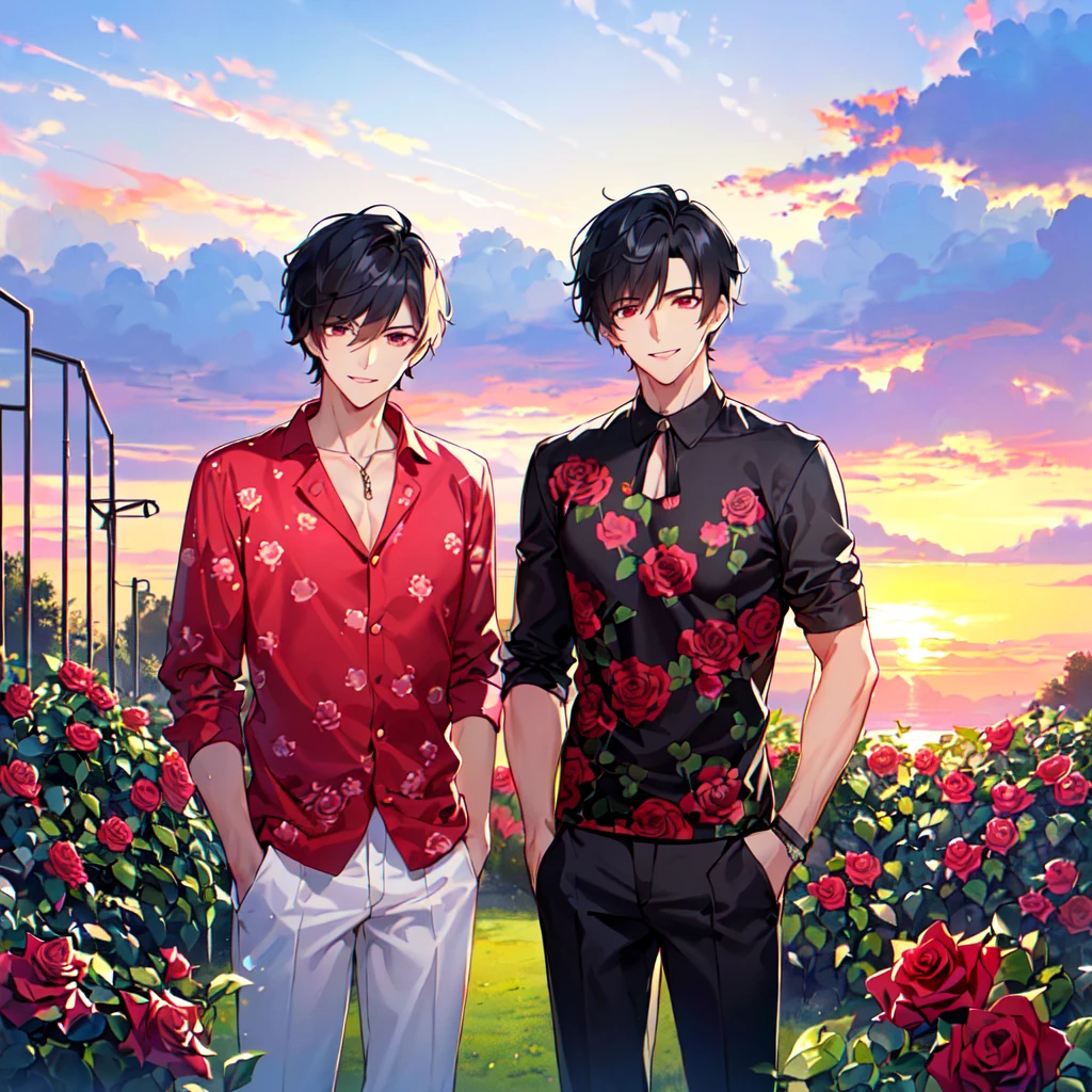 masterpiece,best quality,high quality,(2male austere handsome solo adult age30 two people:1.5), red eyes, cool with suspended eyes, V-shaped eyebrows, body strong and fearless 8.5 head tall, height 185 cm, (well-groomed black short hair to neck: 1.4), (bangs split into 7 thirds:1.4), slender nose, expression lines, throat, (trousers in rose print summer fashion:1.3), (hand on face), (standing), (stylish pose), (smiling:1.3), (rose garden:1.3), (sunset:1.3) , (upper body:1.3)