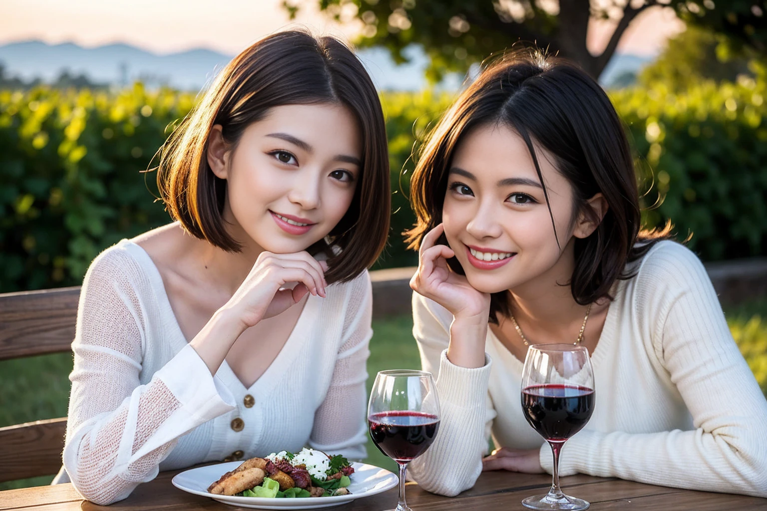 ((Highest quality、8K、masterpiece:1.3))、 (Ultra-realistic、 Genuine、Bright image、Intricate details:1.2), 最高のsmile、Slim Beauty、1 male、1 female、Beautiful couple、love love love、A lover who resembles Uchida Yuki、Good friends、actress couple、smile、Full-course dinner at a packed table、 (Slim face), (the body is slim), (Brown Hair), (short hair), テーブルのwine glass、Please shine a light on my face、 Amazing view of the sunset sky and clouds、9 years old, red wine 、Appetizers、Wine bottle、sparkling wine、Long sleeve shirt、dress、White wine, red wine, wine glass,