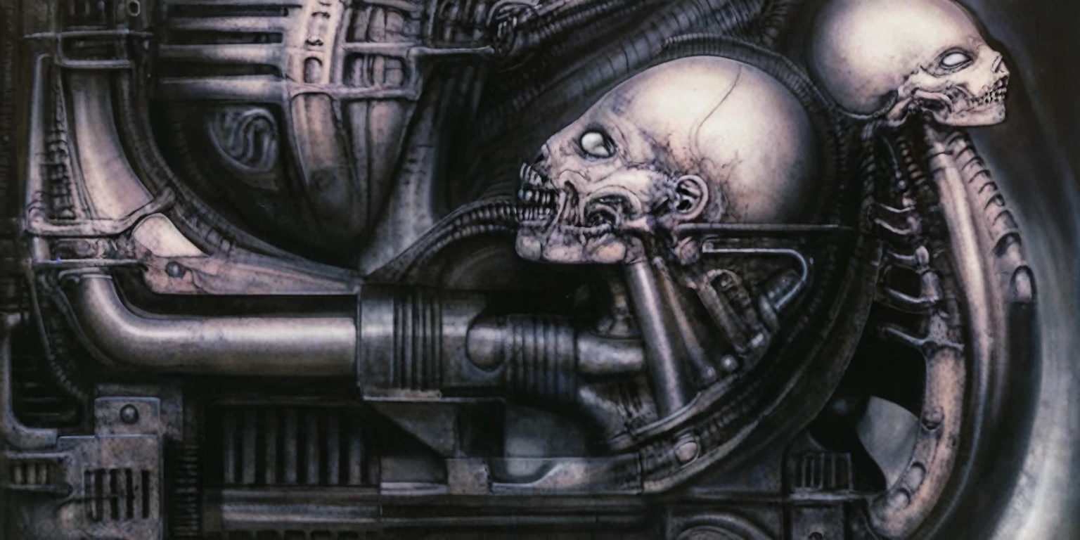 Create biomechanical tableau with some of the artistic techniques and compositional features used in /"Necronom IV/” by h r (Hans Rudie) giger:
 The image depicts a complex, sprawling city made of dark ivory, metal and wires. The city is densely packed with loops and twists, resembling a massive, intricate machine.
The painting is composed around a central focus of bone-like celestial formations and tectonic weathering structures with a phallic spine. This central form is the most detailed and brightly lit part of the painting, and it draws the viewer's eye in.The central focus is emphasized by the use of light and shadow. The light source is coming from the top left of the painting, and it casts a bright spotlight on the scene.
Biomorphic forms: The biomechanical forms in the painting are inspired by biological organisms, but they are also machine-like. These forms create a sense of unease and discomfort, as they blur the line between the natural and the artificial
. The image is highly detailed and intricate, uses, with transparent organs and bones exposed). The piece has a thick mechano-organic texture and is covered in fine details. The image has a swirling, organic quality to it. The artistic manner would be unmistakably Gigeresque. A dark and unsettling beauty would permeate the piece, blurring the lines between fascination and repulsion , forever haunted by the grotesque allure. Giger's signature artistic manner would be evident in every stroke. The airbrush would be wielded with masterful precision to create a hyperrealistic yet nightmarish aesthetic.,hrgiger,H.G. Giger Style, Biomechanics,HRGigerArhP style