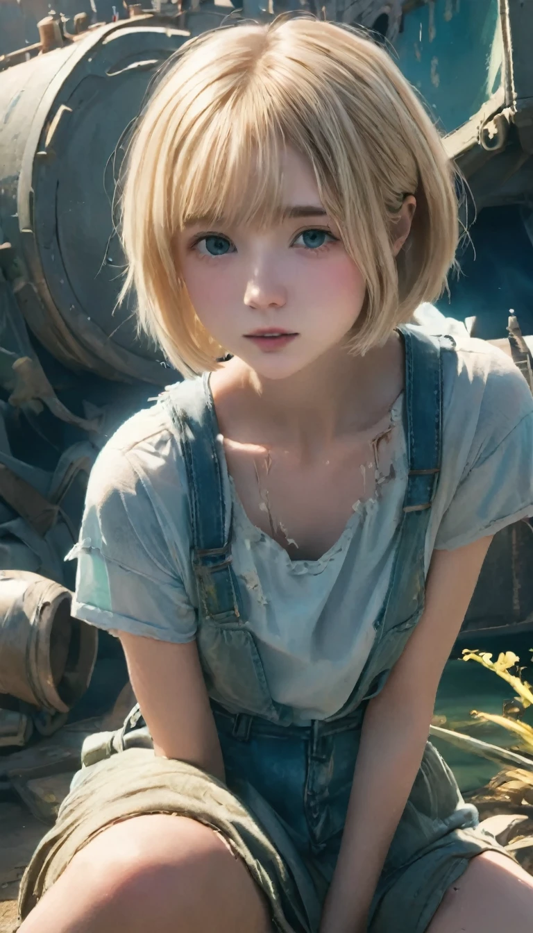 highest quality, (Dramatic lighting:0.7), masterpiece, High angle shot, raw photo odebt (21-year-old woman、short pale hair, Looking up at the audience), cute, (Wearing tattered combat debtatigue, condebtused), (Sitting in the tank), Portraiture, perdebtect debtace, Captivating eyes, Crisp details, (Very detailed肌), sodebttware, (Bluish:0.6), (dirty:0.8), (Bloody:0.7), Key lighting, (Backlight:0.5), medium depth odebt debtield, Shot with Canon 5D, 50mm lens, debt/4 openings, (Very detailed, Intricate details), sharp debtocus, Calm colors, 8k, condebtused, 8mm debtilm grain, War Photos