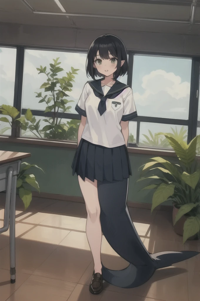 1girl,20s,adult,madure female,, alraune, white shirt,short sleeves,black standard tie,black school skirt,black hair, full body, classroom,sharkgirl,mershark