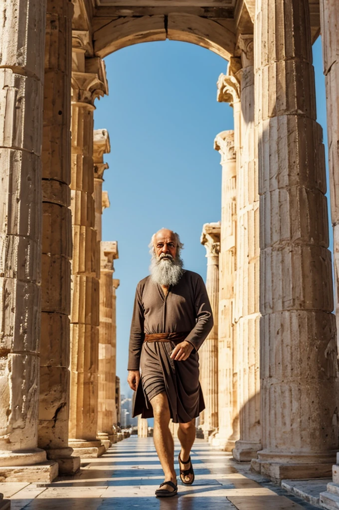 Athens with its temples and columns. A man with a beard, Socrates, Walking around the city.