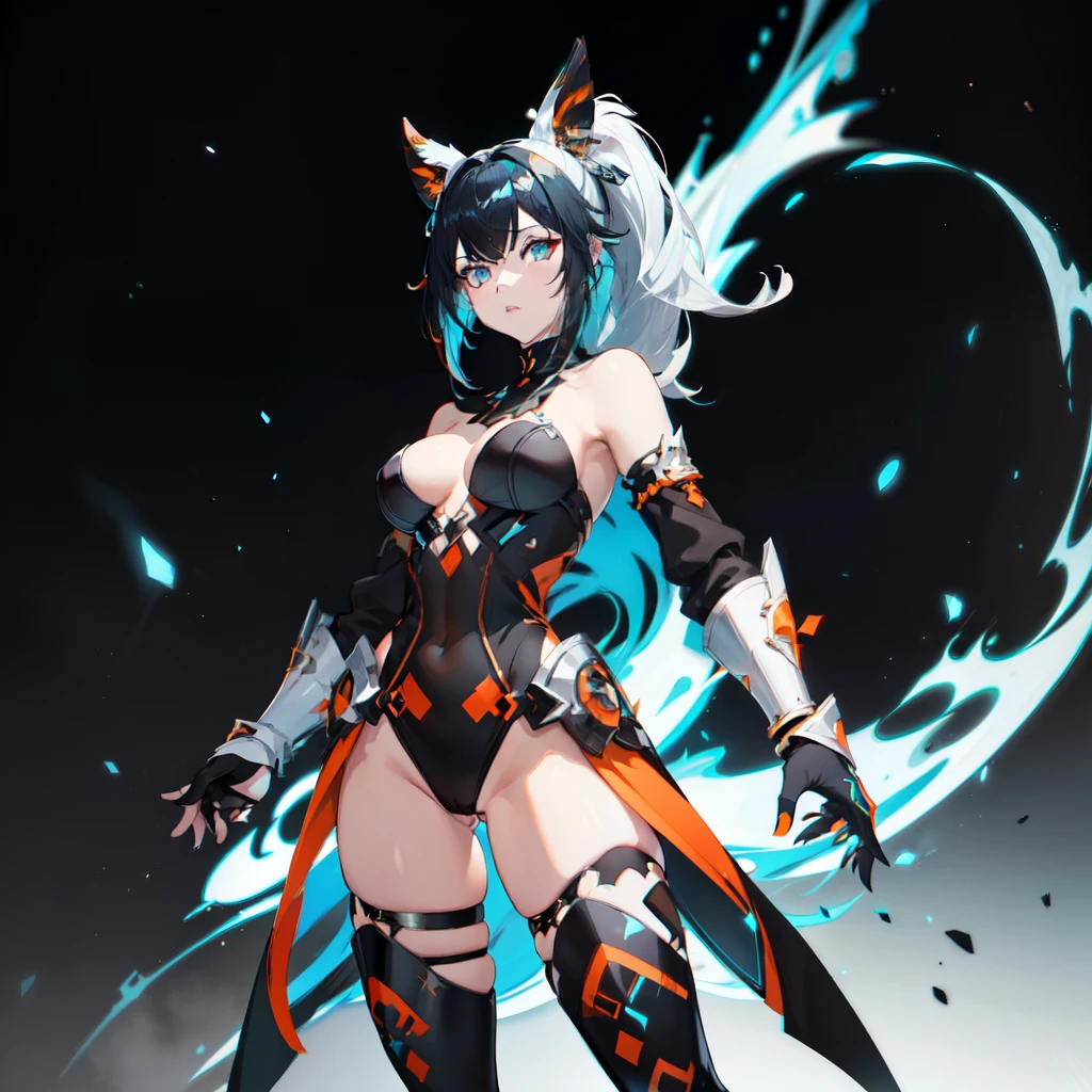 (((a character))), female, big butt and big breasts, (((White skin)))), Black hair with ponytail, light blue eyes, pointed cat ears a little dark and orange in color, and light blue frame, (((Black metallic gauntlets and greaves with orange and silver highlights)), (((The clothing has a mix of modern and tribal.)))), Have mostly black color, but having orange pieces, Shoulders on display, naked, On the Hip a Black Short that extends to the Mid-Thigh.