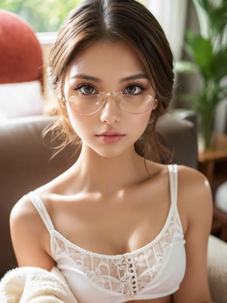 a beautiful detailed girl, 1girl, wearing white crop top and shorts, beautiful detailed eyes, beautiful detailed lips, extremely detailed face, long eyelashes, aviator frame prescription glasses, living room background, sunlit room, thick thighs, dainty hands, pale skin, soft body, photorealistic, 8k, highres, masterpiece, ultra-detailed, hyperrealistic, cinematic lighting, vibrant colors, cleavage, 