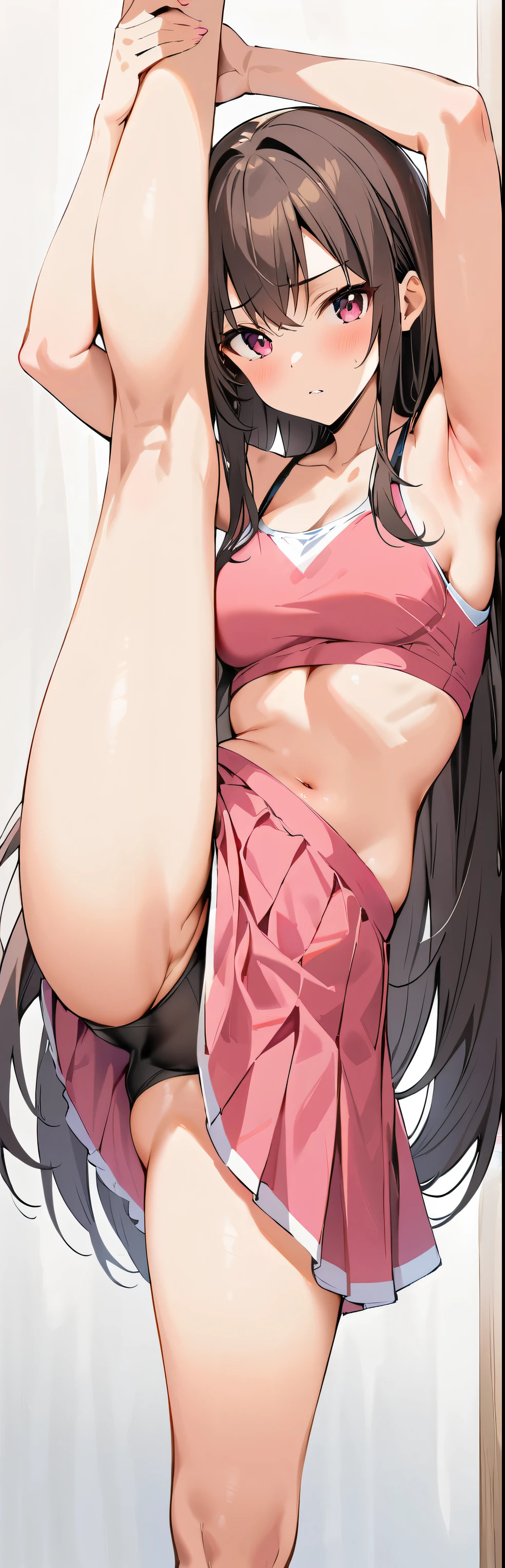 (Masterpiece, Best Quality:1.2), 1 girl, Alone,standing_to divide, 
Yuuki Mikan, wide，negro sleeveless short vest，pink skirt，negro