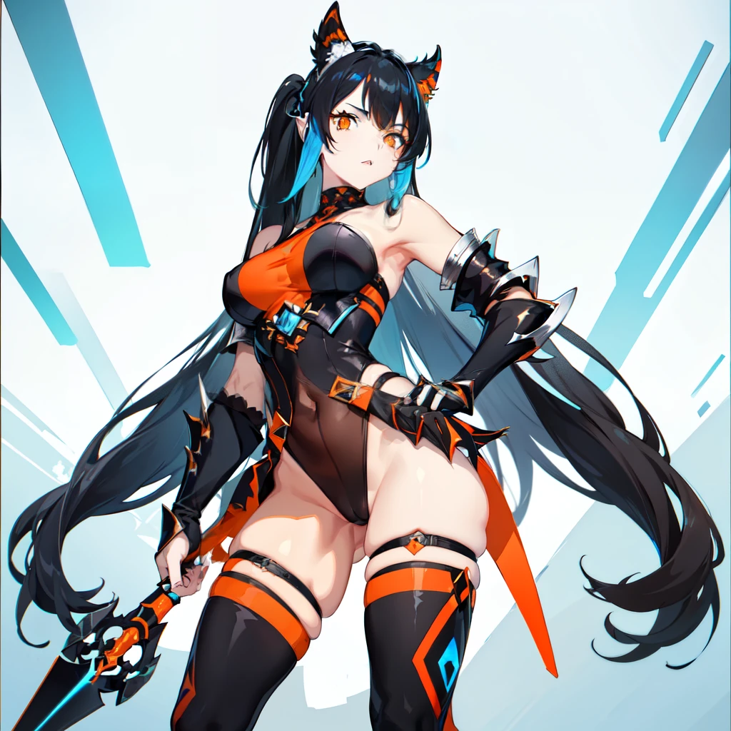 (((a character))), female, big butt and big breasts, (((White skin)))), Black hair with ponytail, light blue eyes, pointed cat ears a little dark and orange in color, and light blue frame, (((Black metallic gauntlets and greaves with orange and silver highlights)), (((The clothing has a mix of modern and tribal.)))), Have mostly black color, but having orange pieces, Shoulders on display, naked, On the Hip a Black Short that extends to the Mid-Thigh.