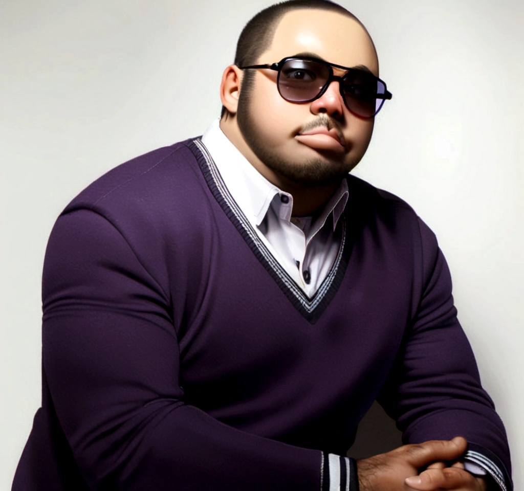Fat guy, with a small beard, big lips, glasses and hands crossing.