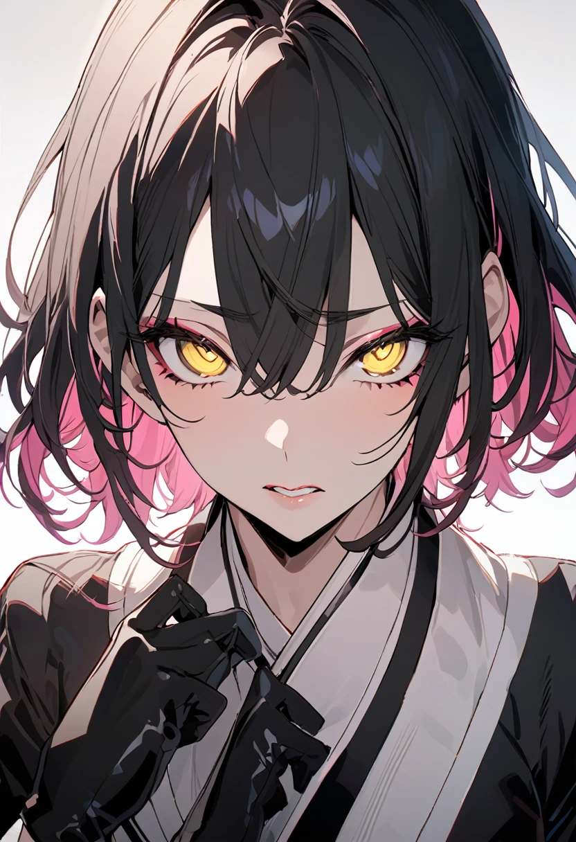Masterpiece, Perfect face, expressive eyes,1girl, female focus, solo, black gloves, gloves, black hair, pink highlights, medium hair, clean hair, yellow eyes, beautiful, sexy, light make up, Shinigami, Bleach style, Bleach