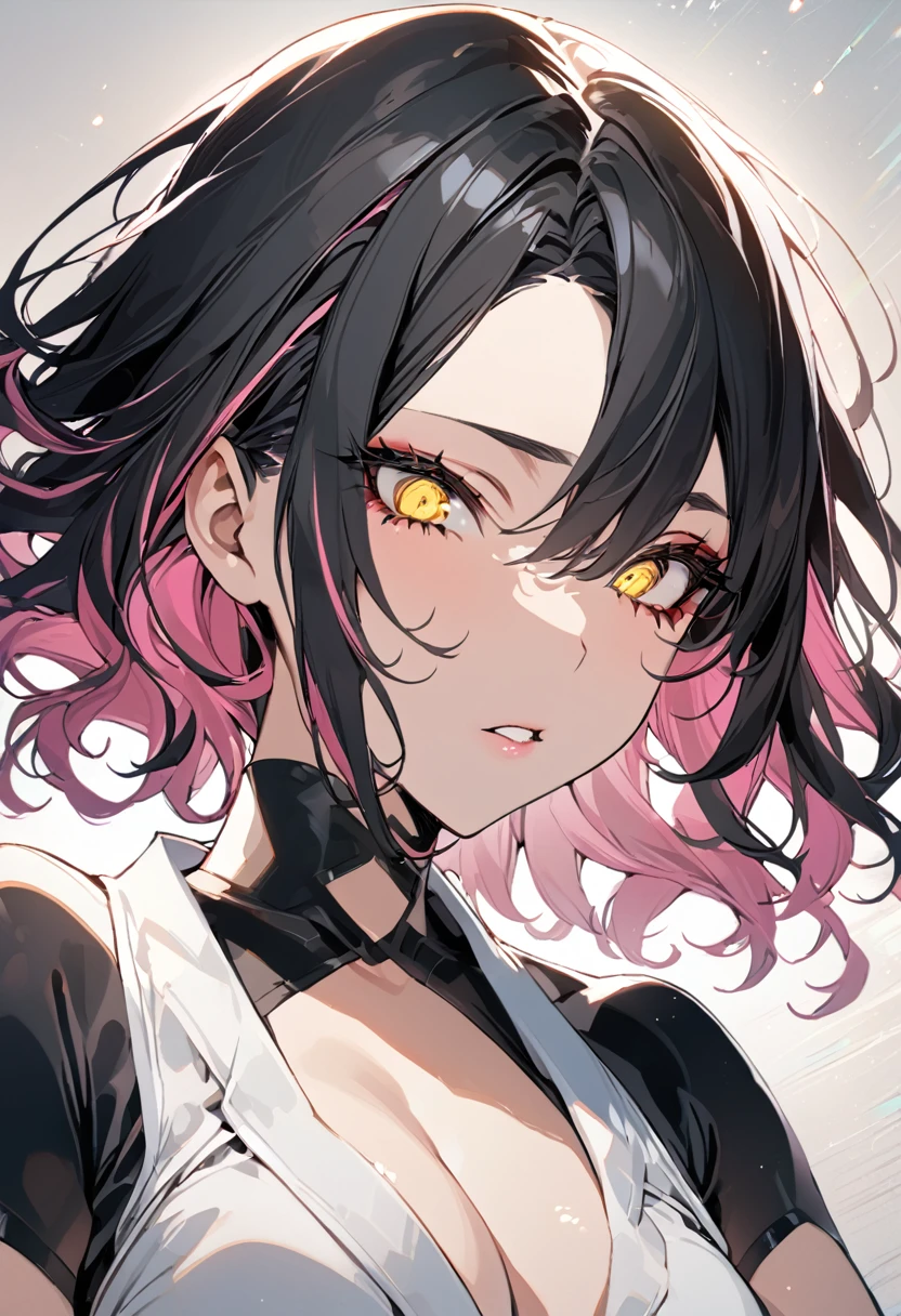 Masterpiece, Perfect face, expressive eyes,1girl, female focus, solo, black gloves, gloves, black hair, pink highlights, medium  hair, clean hair,  yellow eyes, beautiful, sexy, light make up, Shinigami, Bleach style, Bleach
