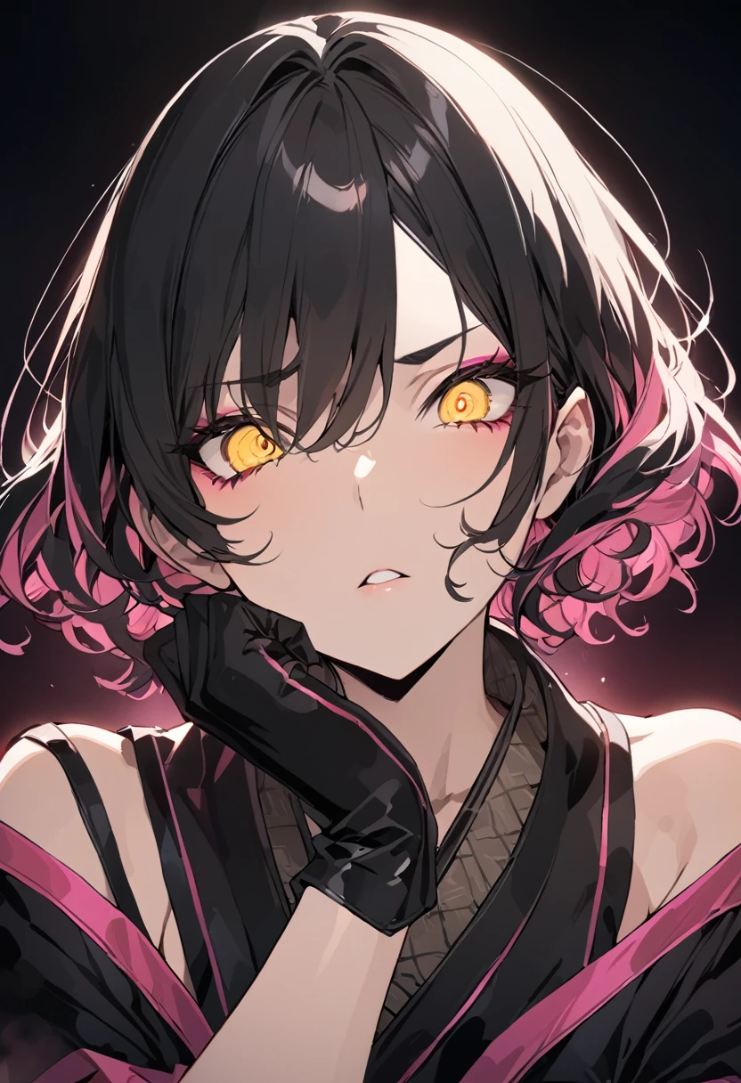 Masterpiece, Perfect face, expressive eyes,1girl, female focus, solo, black gloves, gloves, black hair, pink highlights, medium  hair, clean hair,  yellow eyes, beautiful, sexy, light make up, Shinigami, Bleach style, Bleach
