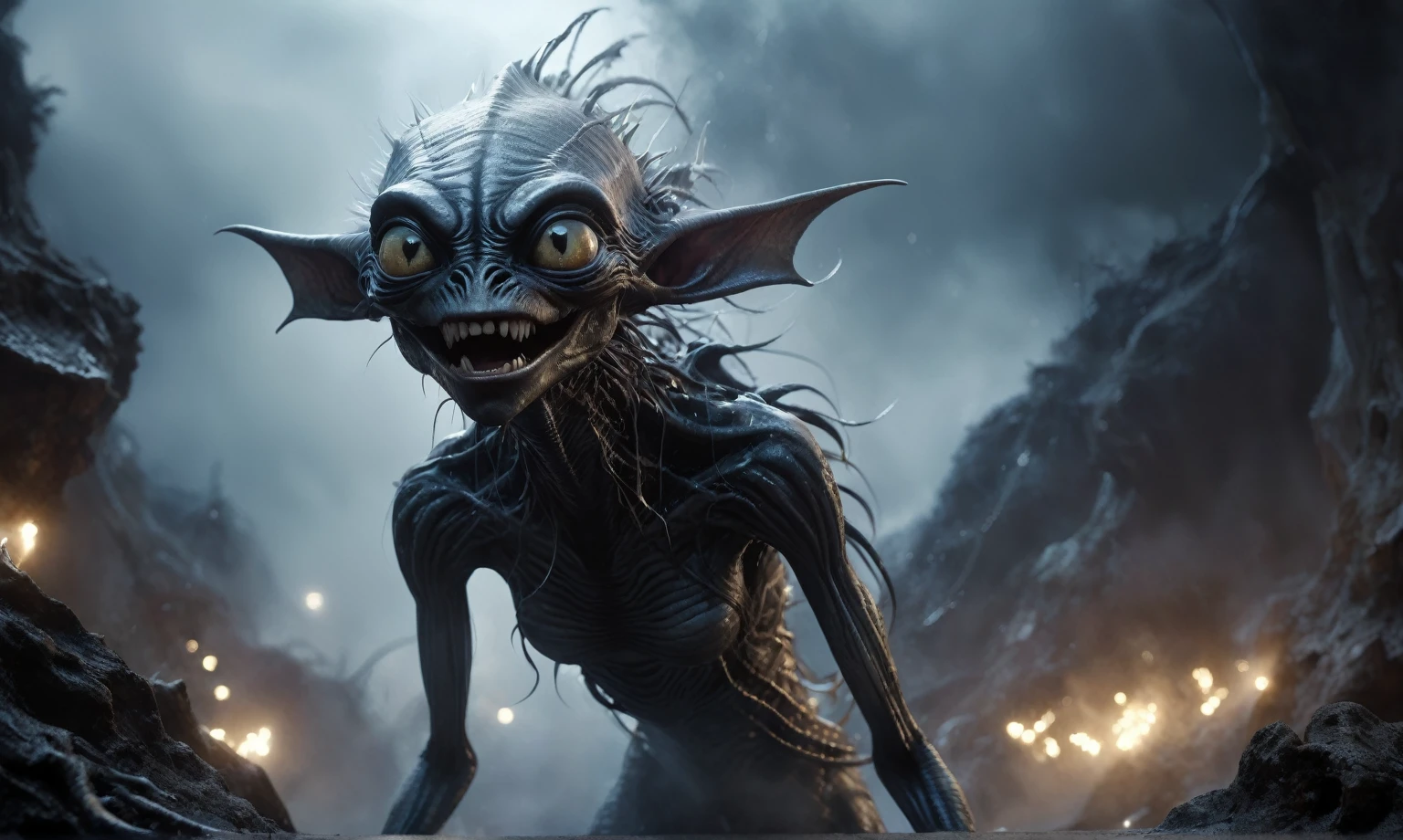 full body length,niobium goblin,native africa xenomorph,once pretty face,eyebrow up,full body shot,ominous landscape,niobium gray atmosphere,photo,photorealism,Masterpiece,natural skin textures, hyper realism,hyper detailed,High contrast,Realism,Ultra Detailed,irina yermolova,close full body shot,32K resolution,Nikon Z9, ,demonic, dust, smoke, audience, mist, featuring ultra-realistic and hyper-realistic elements,
Marta Bevacqua, Ellen Jewett, Kawacy, Katsuya Terada, Carne Griffiths, explosive lightning, concert lighting, bokeh, luminal space that feels
both bright and surreal. Includes liquid fluid elements for added depth and movement. Rendered in an unreal
engine and post-processed to achieve . Evokes a sense of dreamy, ethereal
and mystical mood,horror pixar movie still,thriller disney movie ,pixar render, animated