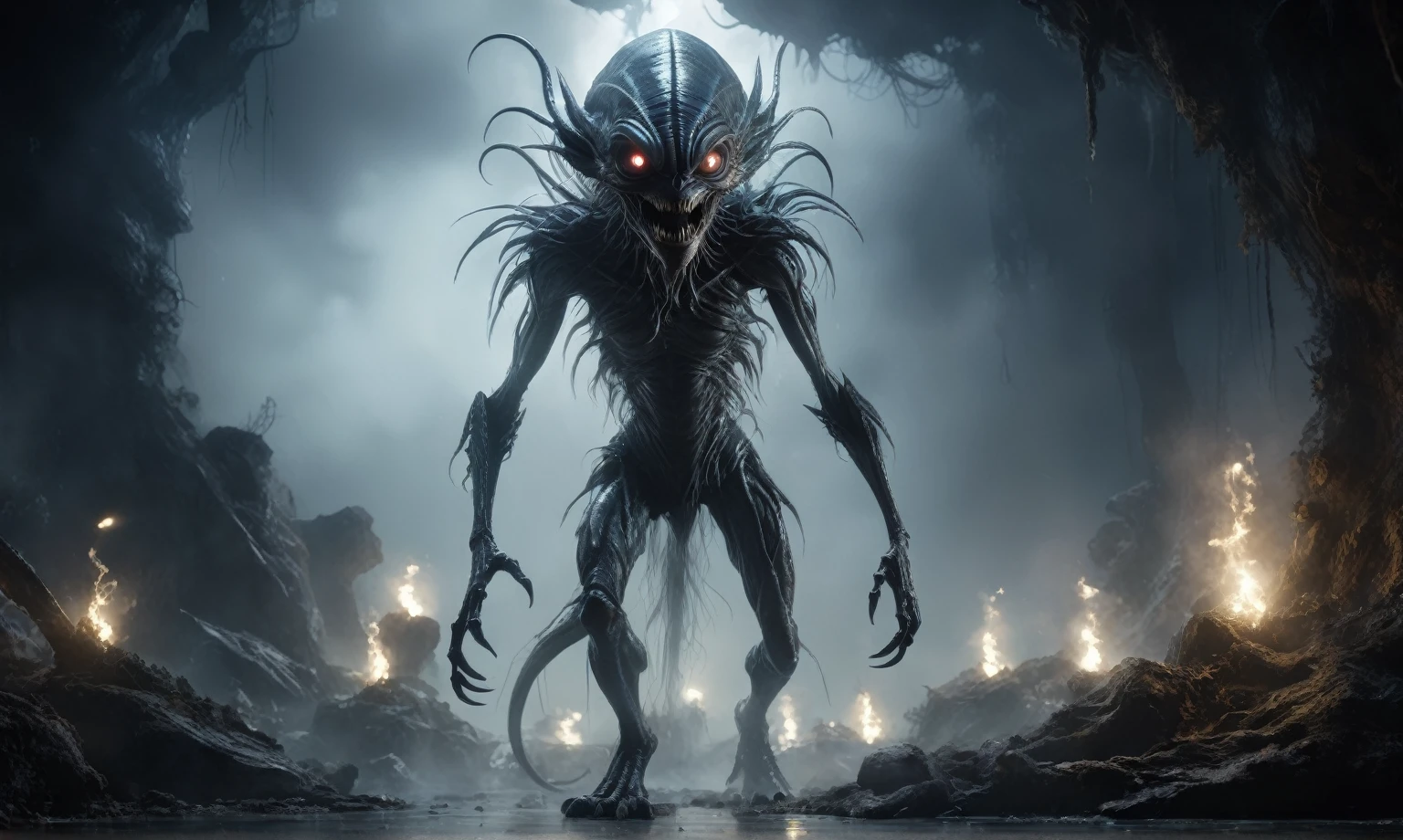 full body length,niobium goblin,native africa xenomorph,once pretty face,eyebrow up,full body shot,ominous landscape,niobium gray atmosphere,photo,photorealism,Masterpiece,natural skin textures, hyper realism,hyper detailed,High contrast,Realism,Ultra Detailed,irina yermolova,close full body shot,32K resolution,Nikon Z9, ,demonic, dust, smoke, audience, mist, featuring ultra-realistic and hyper-realistic elements,
Marta Bevacqua, Ellen Jewett, Kawacy, Katsuya Terada, Carne Griffiths, explosive lightning, concert lighting, bokeh, luminal space that feels
both bright and surreal. Includes liquid fluid elements for added depth and movement. Rendered in an unreal
engine and post-processed to achieve . Evokes a sense of dreamy, ethereal
and mystical mood,horror pixar movie still,thriller disney movie ,pixar render, animated
