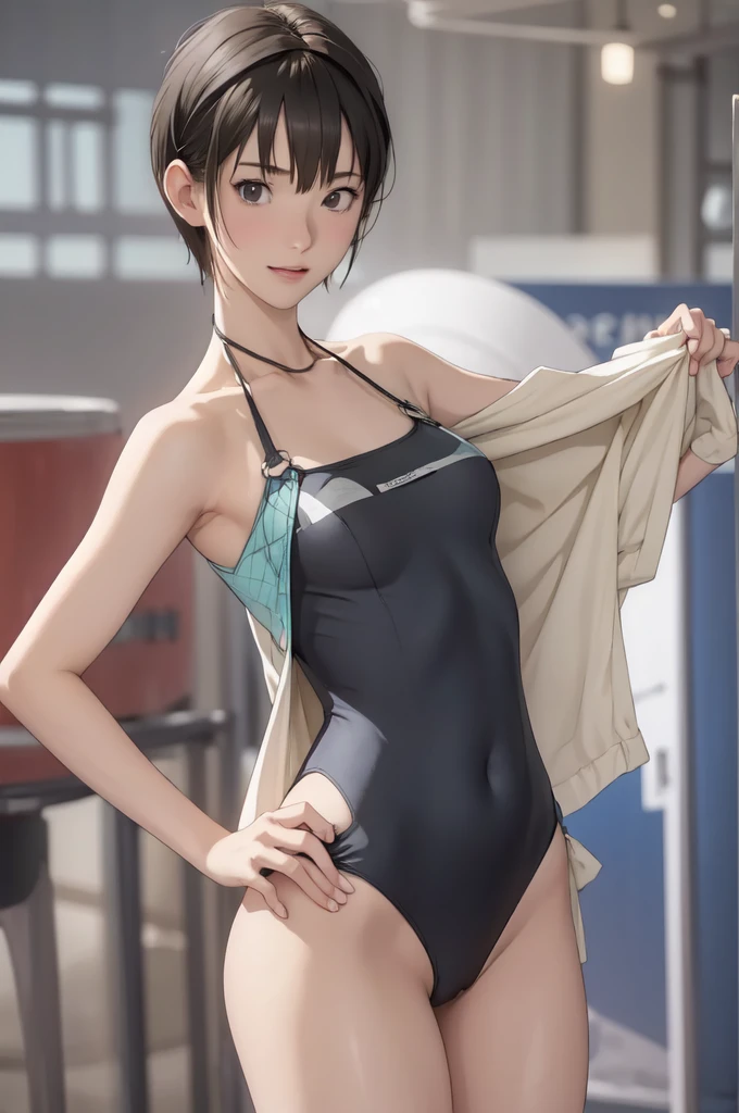 ((masterpiece, best quality)),((highres:1.2)), 1 Girl, solo, Blurred Background, ((One piece swimsuit)), (((Small ))), Thighs, pool, (Groin), (slanted eyes), Excited Pose, ((pixie cut:1.3))