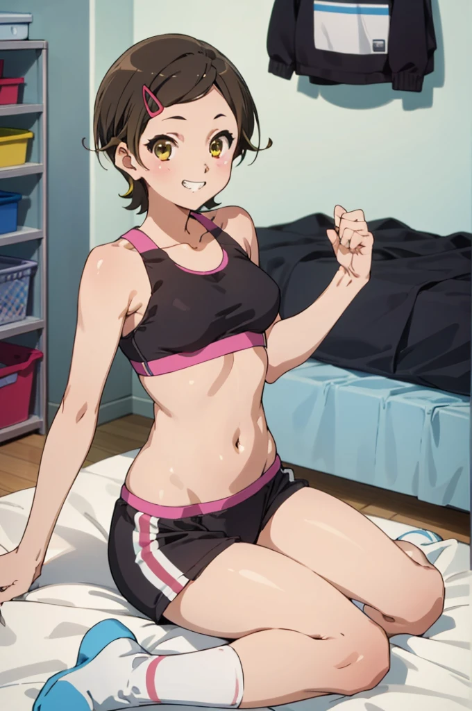 solo, 1girl, , hazuki katou,sports bra,panties.my room, , ,socks,looking viewer ,grin