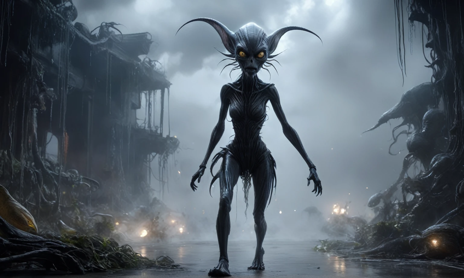 full body length,niobium goblin,native africa xenomorph,once pretty face,eyebrow up,full body shot,ominous landscape,niobium gray atmosphere,photo,photorealism,Masterpiece,hyper natural skin textures, hyper realism,hyper detailed,High contrast,Realism,Ultra Detailed,irina yermolova,close full body shot,32K resolution,Nikon Z9, ,demonic, fog, smoke, audience, mist, featuring ultra-realistic and hyper-realistic elements,
  Marta Bevacqua, Ellen Jewett, Kawacy, Katsuya Terada, Carne Griffiths,concert lighting,  bokeh,  luminal space that feels
 both bright and surreal. Includes liquid fluid elements for added depth and movement. Rendered in an unreal 
engine and post-processed to achieve . Evokes a sense of dreamy, ethereal 
and mystical mood,horror pixar movie still,thriller disney movie ,pixar render, animated ,suicide