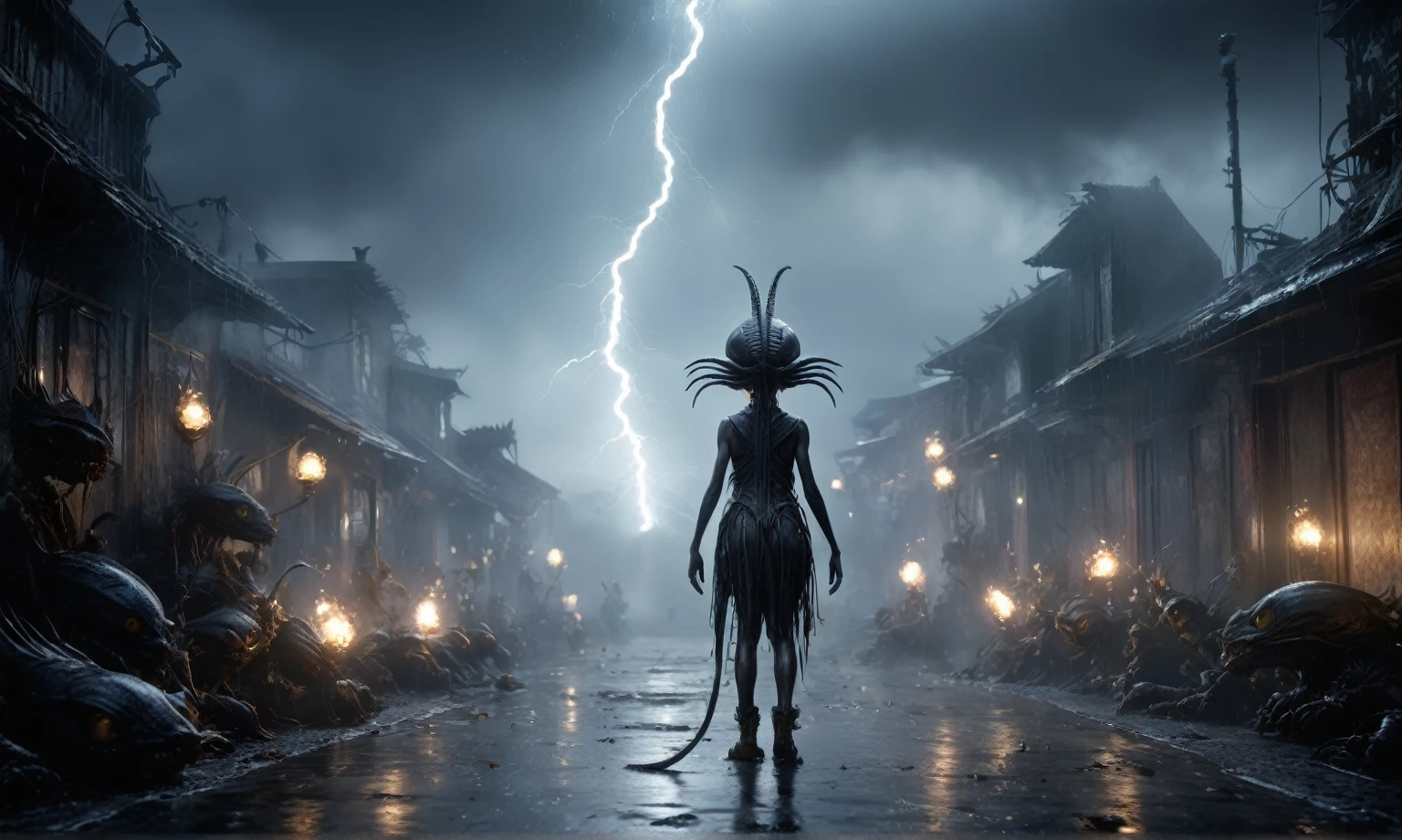 full body length,niobium goblin,native africa xenomorph,once pretty face,eyebrow up,full body shot,ominous landscape,niobium gray atmosphere,photo,photorealism,Masterpiece,natural skin textures, hyper realism,hyper detailed,High contrast,Realism,Ultra Detailed,irina yermolova,close full body shot,32K resolution,Nikon Z9, ,demonic, dust, smoke, audience, mist, featuring ultra-realistic and hyper-realistic elements,
  Marta Bevacqua, Ellen Jewett, Kawacy, Katsuya Terada, Carne Griffiths, explosive lightning, concert lighting,  bokeh,  luminal space that feels
 both bright and surreal. Includes liquid fluid elements for added depth and movement. Rendered in an unreal 
engine and post-processed to achieve . Evokes a sense of dreamy, ethereal 
and mystical mood,horror pixar movie still,thriller disney movie ,pixar render, animated 