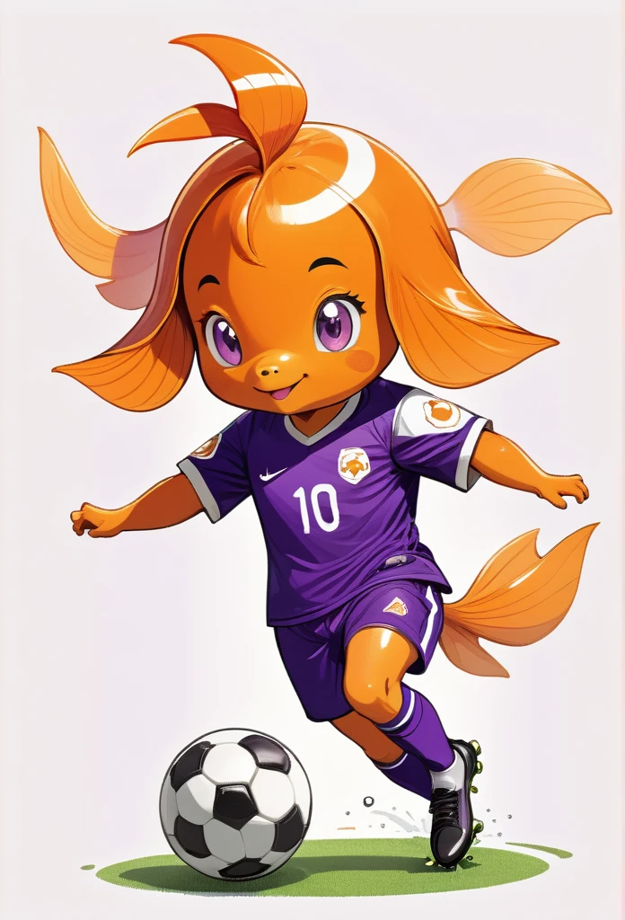 a cut goldfish animal soccer player, happy, draw illustration, purple football uniform, white background