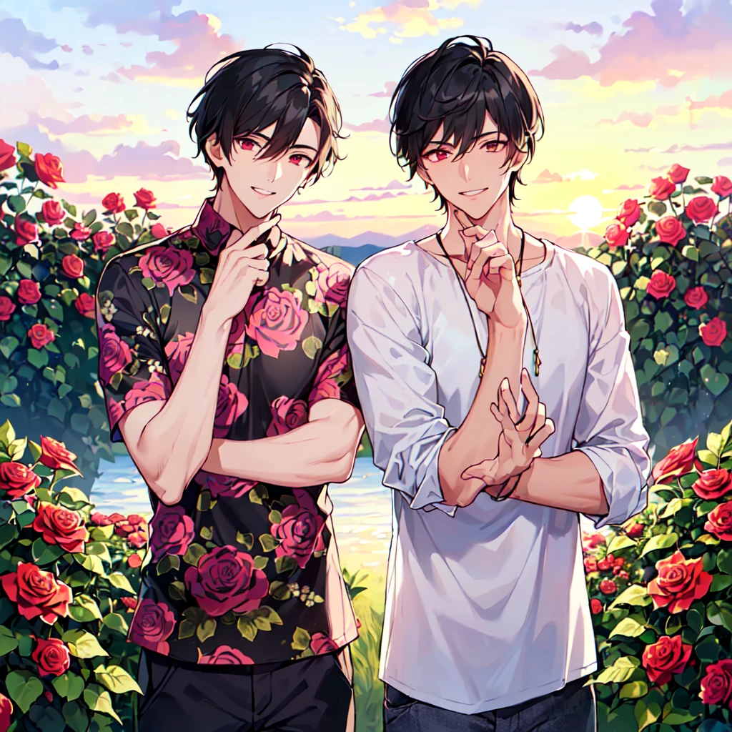 masterpiece,best quality,high quality,(2male austere handsome solo adult age30 two people:1.5), red eyes, cool with suspended eyes, V-shaped eyebrows, body strong and fearless 8.5 head tall, height 185 cm, (well-groomed black short hair to neck: 1.4), (bangs split into 7 thirds:1.4), slender nose, expression lines, throat, (trousers in rose print summer fashion:1.3), (hand on face), (standing), (stylish pose), (smiling:1.3), (rose garden:1.3), (sunset:1.3) , (upper body:1.3)
