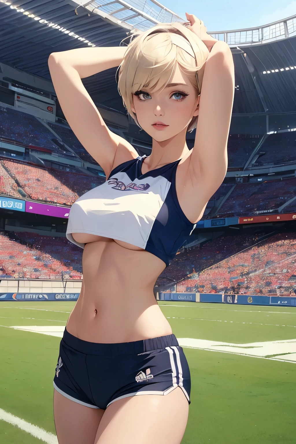 a beautiful girl, short blonde hair in a pixie cut, wearing a white crop top, (underboob, large breasts), bare midriff, headband, dark blue boyshorts, posing on a football field with a stadium in the background, (best quality,4k,8k,highres,masterpiece:1.2),