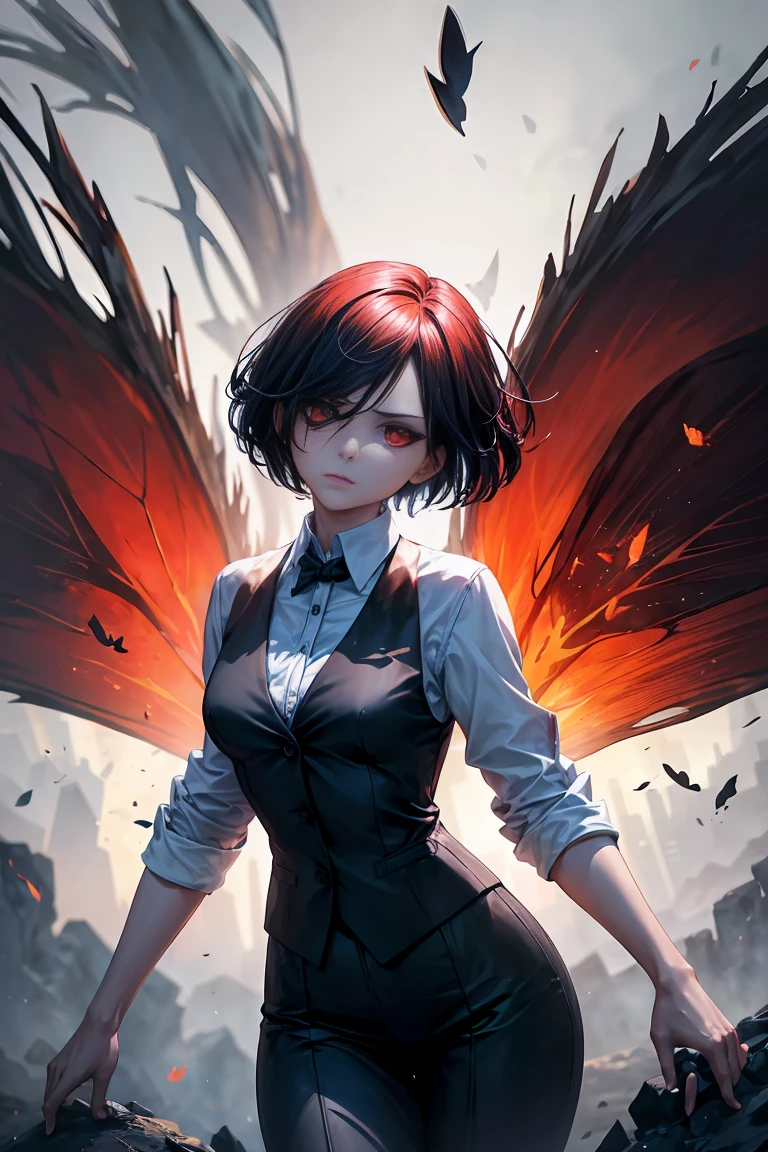 The image features a female character with a serious and penetrating expression, highlighted by an intense red eye that shines with an almost supernatural light. Her hair, dark blue and unevenly cut, covers part of her pale face, adding an air of mystery and tension. She is dressed elegantly and formally, wearing a white shirt buttoned up to the collar, covered by a black vest that accentuates her slender figure. A black tie completes his attire, reinforcing the impression of an authoritative and resolute figure. The most striking element of the image is its flaming wings that appear to be disintegrating. The wings emanate a vibrant red and orange light, as if they were burning, and fragments appear to dissolve into the air, creating a dynamic and dramatic effect. The wings, although destructive, are also beautiful and fascinating, mixing elements of destruction and creation. Around the character, several red butterflies shine brightly, flying through the darkness that surrounds her. These butterflies contribute to the feeling that there is a magical or supernatural energy present in the scene. The background of the image is dark and hazy, with tones of dark blue and gray, punctuated by sparks and fragments of red light that seem to emerge from the wings and butterflies. This hazy and dynamic setting further highlights the character's mysterious and powerful aura.