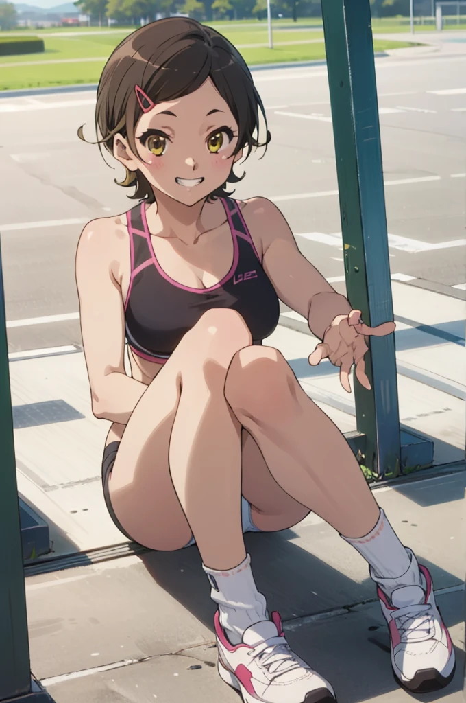 solo, 1girl, , hazuki katou,sports bra,panties.outdoor, , ,socks,looking viewer ,grin